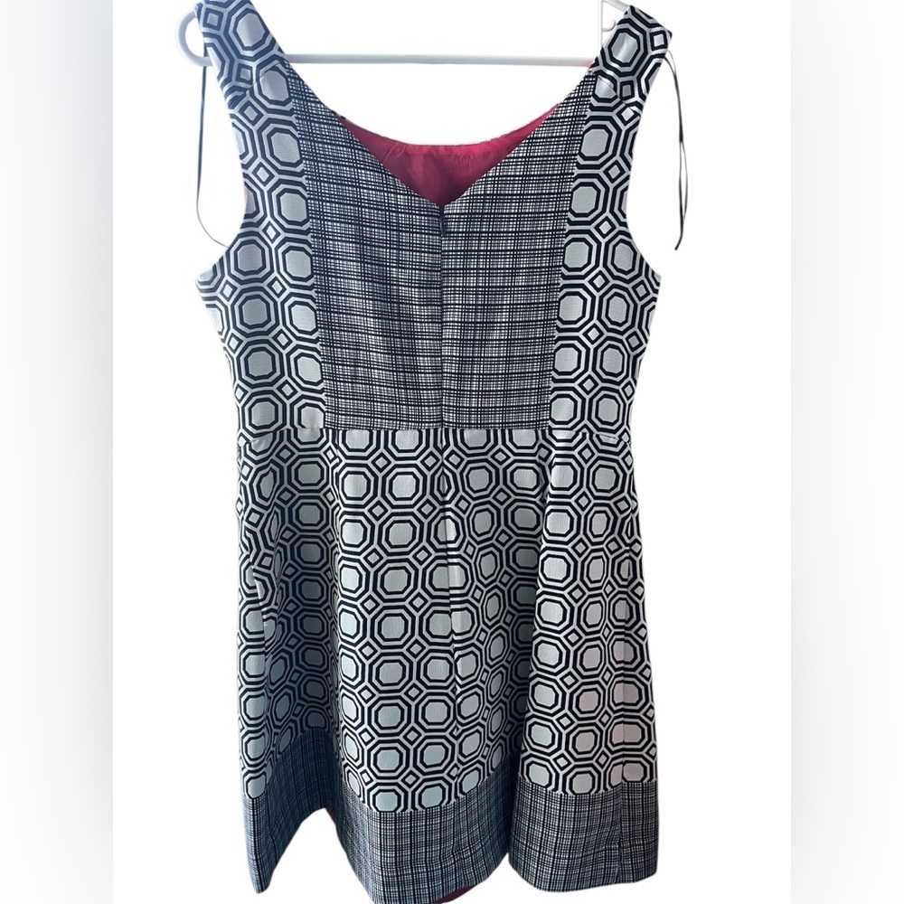 Vintage Geometric Mod Shift Dress Navy White Sleeveless Pockets 14 Retro Chic - Picture 2 of 5